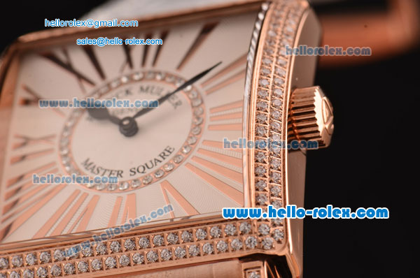 Franck Muller Master Square Swiss Quartz Rose Gold Case Diamond Bezel with White Leather Strap and White Dial - Click Image to Close